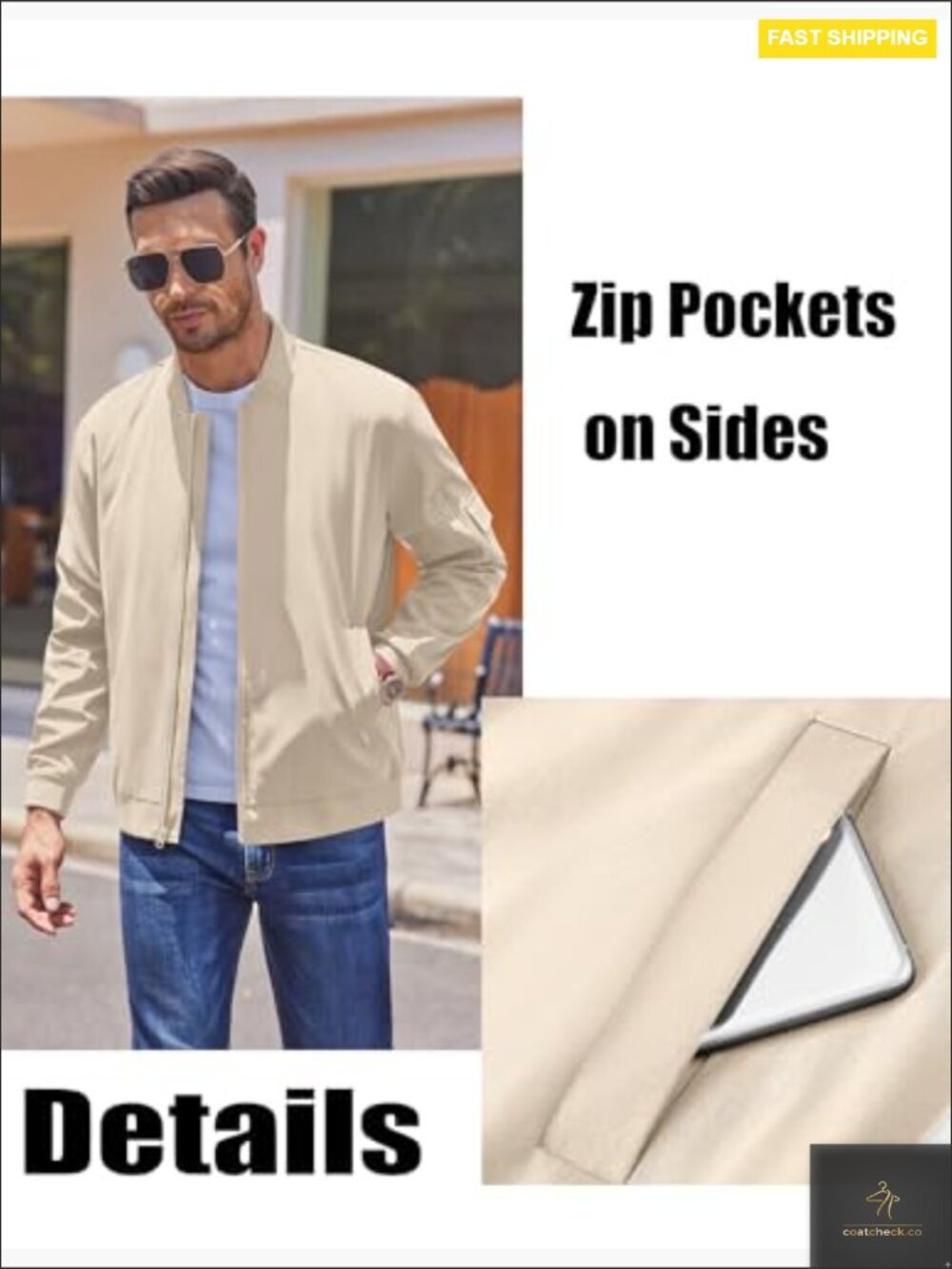 Lightweight Bomber Jacket Casual Zip Up Windbreaker Spring Fall with Pockets - Picture 4 of 6